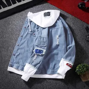 Spring and Autumn New Patchwork Denim Jacket Men's Korean Style Trendy Fashion Brand Casual Baseball Uniform All-Matching Couple Coat men work for Cotton Fabric Menswear Classic Long Distressed Top White Tights