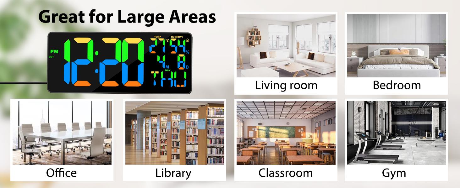 11 RGB Color Changes Large Digital Wall Clock/Bluetooth Auto Time Sync, Remote-Controlled Digital Wall Clock Large Display with Alarm/Timer Function, DST, Indoor Temperature/Humidity Display (18 inch)