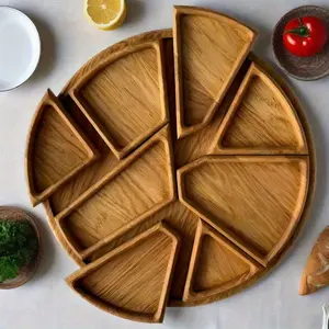Natural Wooden Serving Tray - Removable food-safe kitchen tray for snacks, fruits and vegetables. Stylish rural round design, simple and elegant, durable wood structure, ideal for food display and parties.