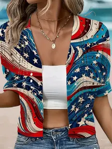 Women's Independence Day Star Print Hollow Out Knit Cardigan, Knitwear, Short Sleeve Casual Sweater, Loose-Fitting Floral Pattern Top