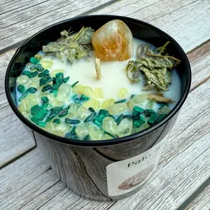 Palo Santo + Sage Crystal Candle for clearing negative energy.  Healing Crystals. Handmade Soy Wax Candle, Candle Manifestation,  Crystal Infused Intention Candle