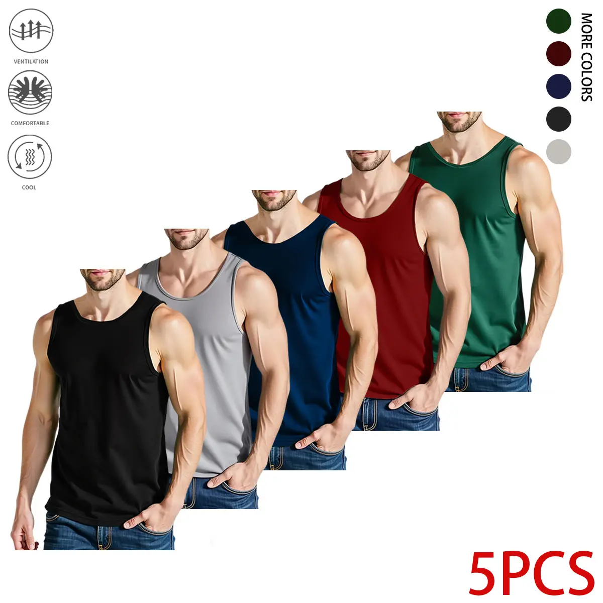 Men's 5-Pack Quick-Dry Breathable Running Tank Tops - Moisture-Wicking Sleeveless Crew-Neck Lightweight Athletic Shirts, Machine-Washable Casual Sportswear for Gym, Summer Training