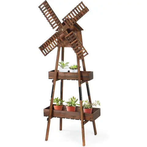 VINGLI Small Carbonized Wooden Decorative Outdoor Classic Mill - Weatherproof Wind-Powered Garden Sculpture with Planter Hook, Noise-Free Rustic Charm Yard Art for Garden Lawn, Long-Lasting Stability