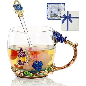 Clear Glass Butterfly Rose Flower Tea Coffee Mug with Spoon, Gift Box for Women Mom Wife Grandma Girls, Ideal Christmas Birthday Present for Hot & Cold Drinks Juice