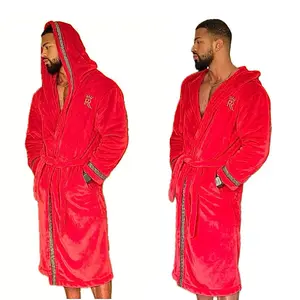 Royalty Robes Men's Red Hooded Fleece Robe - Menswear, Long Sleeve, Plain, Gold Greek Key Trim, Pockets, Casual Comfort Sleepwear & Loungewear