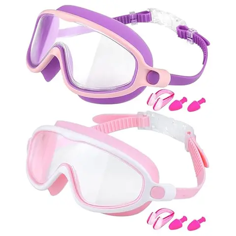 [Outdoorfun] Two pairs of children's swimming goggles (with nose mask and earplugs), wide-angle anti-fog, anti-ultraviolet and anti-shatter lenses, suitable for children aged 3-6 years old/6-15 years old