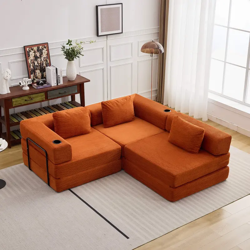 QAK 118" Modular Floor Sofa Bed with Two Cup Holders High-Quality Corduroy Fabric Free Combination Design Premium Sponge Padding Multifunctional for Small Spaces Living Room Mattress