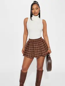 Augustine Plaid Pleated Mini Skirt - Brown/combo