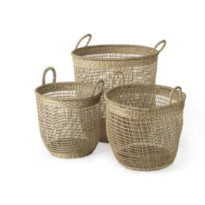360 stand Wooden Natural Wicker Seagrass Home Storage Baskets Organiser - 3-Piece 3 Basket Set for Blanket Storage, Brown, Natural Wicker Basket
