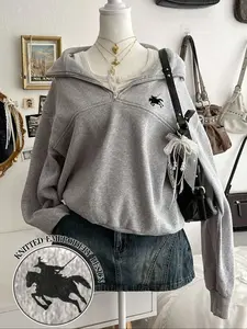 Women's Stand Collar Casual Zipper Sweatshirt, Drop Shoulder Design, Embroidered Horse Pattern, Spring & Fall Pullover for Young Ladies