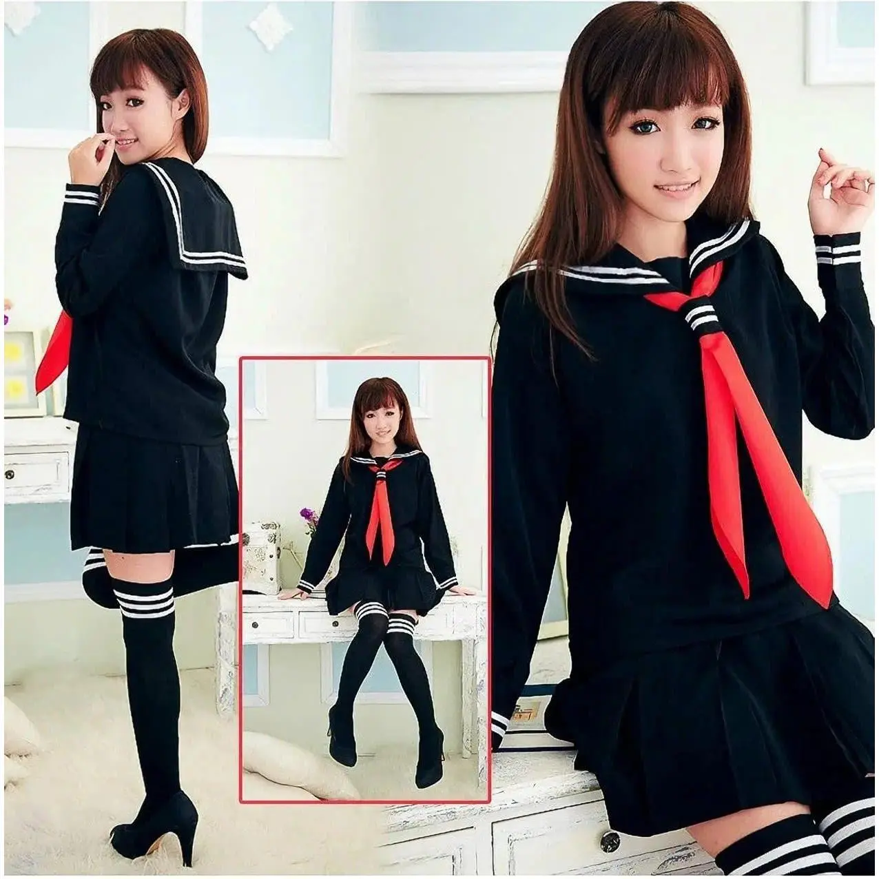 Women's Classic Japanese Schoolgirl Sailor Dress Shirt Uniform Set with Pleated Skirt, Zipper, Socks - Red, for Birthday, Party Events (Anime Cosplay DIY Specialty Supplies)