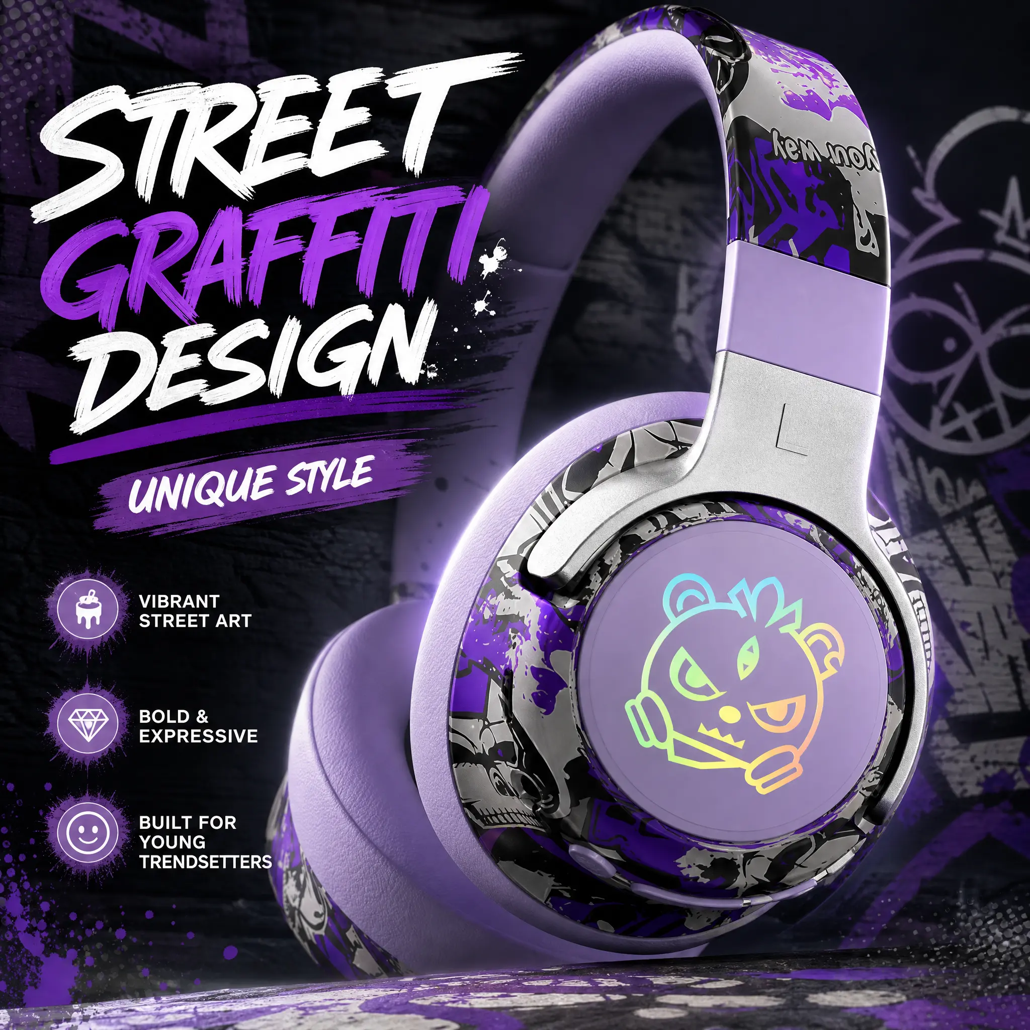 High Quality Over-Ear Wireless Bluetooth Gaming Headphones - Cool Graffiti Design, RGB Light Effects, Stereo Surround Sound, 350mAh Battery, Long Playtime, Soft Breathable Earmuffs, USB-C Fast Charging, Portable, for Gamers, Mobile Compatible