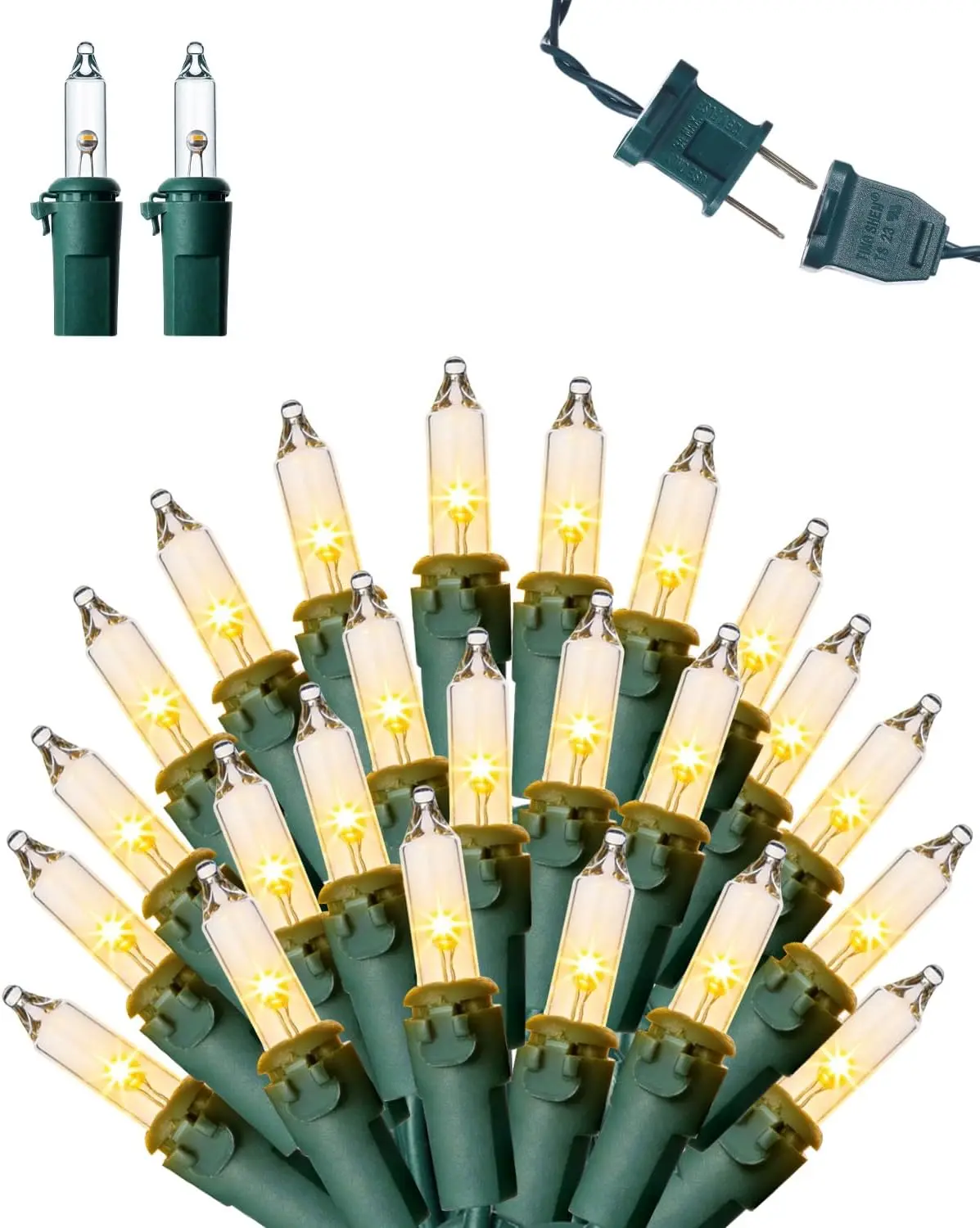 Mini Clear Christmas String Lights 26ft 100LED Warm White Outdoor String Lights, Connectable Green Wire UL Certified (Includes 2 Spare Fuses & 4 Bulbs)