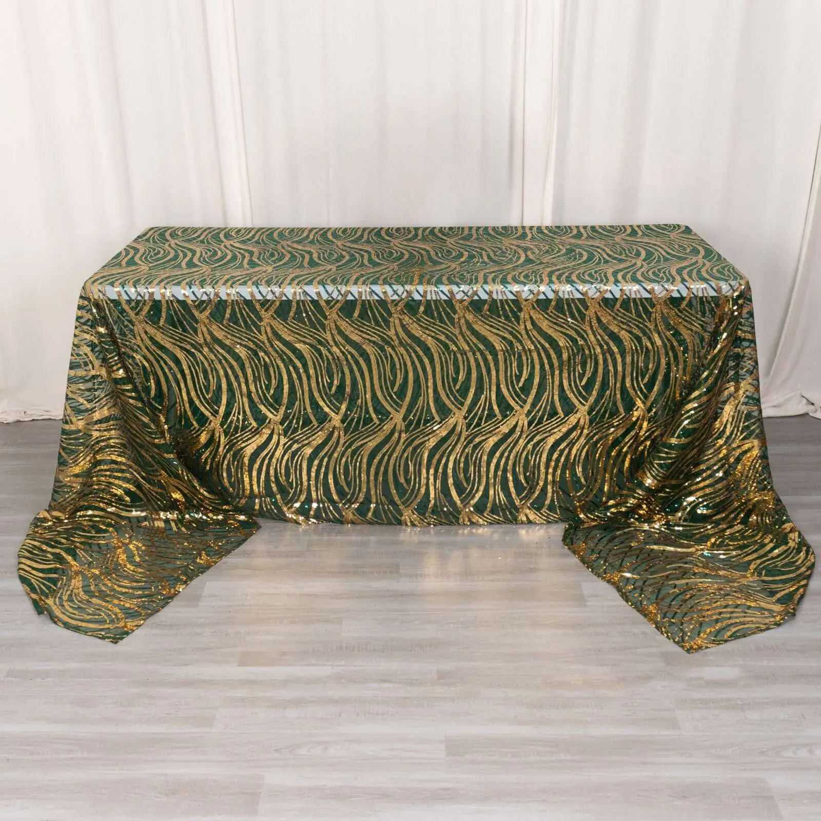 Hunter Emerald Green Gold Mesh Rectangle Tablecloth - 90"x156" Wave-Embroidered Sequin Cover for Wedding, Party Decorations, Western-Themed Events