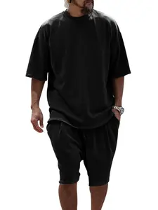 Men's Solid Drop Shoulder Tee & Drawstring Waist Shorts Set, Loose Casual Comfy Round Neck Short Sleeve T-shirt & Track Shorts, Men's Summer Menswear Clothes for Daily Wear