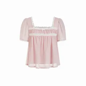 Cider Square Neck Puff Sleeve Lace Trim Bowknot Ruched Oversized Blouse Dealsforyou