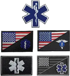 5 Pieces US USA Flag/EMT Star of Life EMT EMS Paramedic Medic Medical Aid Cross Patch Military Badge Emblem Medical Care Patch Hook & Loop Tactical America Medic Emblem Military Patches