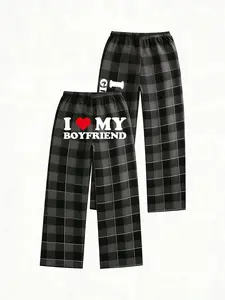 Couple Matching Plaid Pajama Pants | 'I ❤️ My Girlfriend/Boyfriend' Print | Standard Size | Soft Plaid Loungewear Nightwear for Him & Her | Valentine's Day & Anniversary Gift