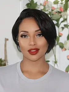10 inch short straight human hair wig for women natural black bob lace front wig, Glueless Lace Wigs, Glueless frontal wig, breathable lightweight real human hair easy to wear and style for daily use work date party soft silky texture