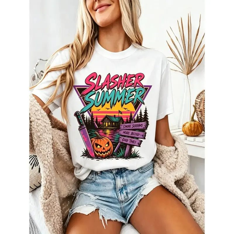 Slasher Summer Shirt, Retro Horror Camp Tee, 80s Halloween, Summerween Shirt, Spooky Camp Tee, Vintage Slasher Aesthetic T-Shirt Unisex Halloween Top # GraphicTee # StreetwearFashion # Casual Outfit