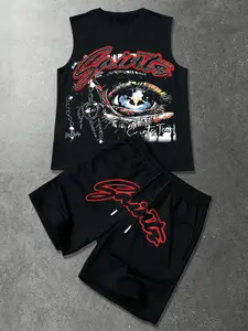 Men's Street Style Cool Eye Sleeveless Set, Eyeball Crossbones Slogan Element, Durable Fabric, Perfect for Theme Events and Daily Wear