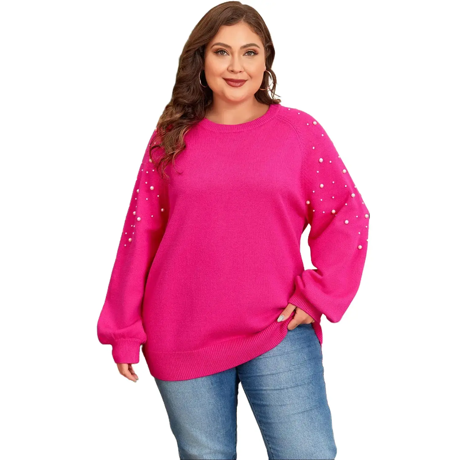 Women's Casual Strawberry Pink Pearled Decor Raglan Sleeve Plus Size Pullover Sweatshirt, Women's Tops