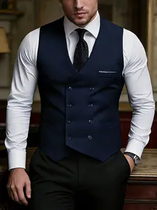 Men's High-End Dual-Buckle Business Casual Vest Jacket, Fitted Plain Design, All Seasons Wear, H-Type Silhouette