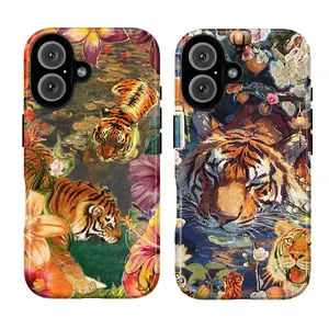 Tiger Floral Nature Art Smartphone Case - Painterly Collage Botanical Wildlife, Aesthetic Vintage Cellphone Accessory, Christmas Gift for Art Collectors, Compatible with iPhone 17-12 Pro Max Plus X, Galaxy S25-S22 Ultra, Handheld Device Protection