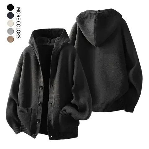 Men's Hooded Knit Sweater, Casual, Plain Classic Style, Fall & Winter Cardigan, Ribbed Details, Dual Pockets, Multiple Colors Available