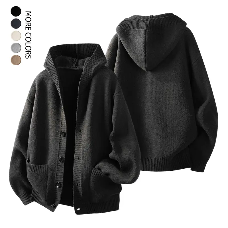 Men's Hooded Knit Sweater, Casual, Plain Classic Style, Fall & Winter Cardigan, Ribbed Details, Dual Pockets, Multiple Colors Available