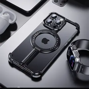 Metal-Frame Four Corners Phone Case with 360 Degree Rotatable Magnetic Ring, 1 Count Anti-drop Phone Case, Compatible with iPhone 15 14 Plus 13 12 Pro Max