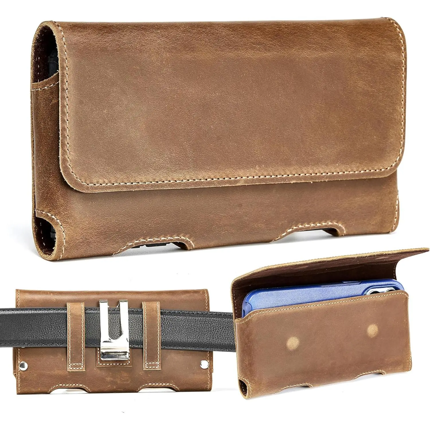 Leather Phone Holster for  14,15,15 Pro,16,16 Pro,Galaxy S23,S24,Brown Cowhide Leather Phone Belt Holder Pouch with Belt Clip