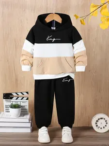 Boys' Casual Colorblock Letter Print Hoodie & Comfortable Fashion Pants Set, Clothes Kids, Perfect for Fall Winter Daily Wear Sweatshirts Sweatpants