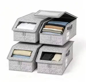 Grey Stackable Baseball Cap Storage Box with Lid and Clear Window, Large Closet Organizer Holds Up to 24 Hats, Foldable Fabric Hat Holder with Handles and Label Pocket for Shelves, Wardrobes and Bedrooms