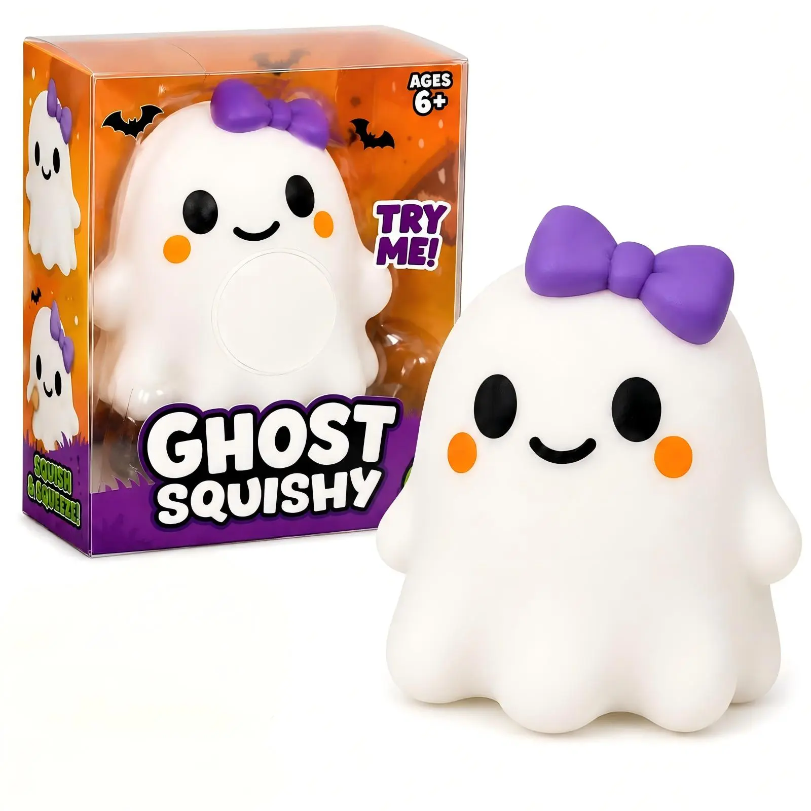 Cute Ghost Squishy, 5.7 Inch Jumbo Soft Squeeze Fidget Toy, Kawaii Male & Female Styles, Halloween Stress Relief Desk Accessory, Party Favor Decor Ornament, Perfect Gift for Kids, Teens & Adults