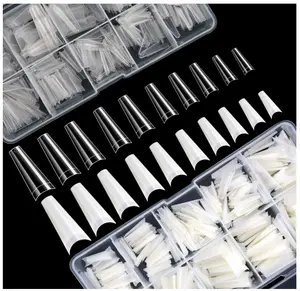 FEBSNOW 1000 PCS French Coffin Ballerina Nail Tips Acrylic Nails Artificial Half False Flake Nail Tips 10 sizes with Clear Plastic Cases for Nail Salon