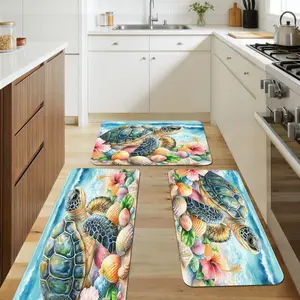 Turtle, Seashell & Hibiscus Printed 3 - Piece Flannel Kitchen Mat Set w/ Sponge Padding |   Non - Slip, Ultra - Cozy & Easy to Clean |   Ideal for Kitchen, Entryway, Laundry
