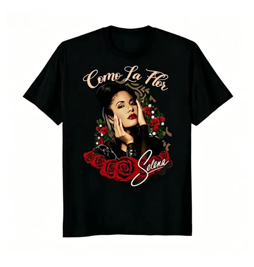 Women's 100% Cotton Selena Como La Flor Red Roses Vintage Portrait Crew Neck Shortsleeve T-Shirt - Latin Music Fan Tee, Unisex Fit, Hand Wash Only, 5XL Casual Top, Floral Graphic, Gift for Fans, Tshirt