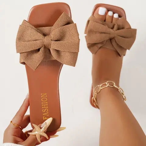 Women's Bow Design Slip-On Sandals, Fashion Anti-Slip Outdoor Beach Shoes, Comfortable Soft Rubber Sole, Summer Casual Footwear for Dating Shopping Work, Bow Decorated Sandals, Fashionable Sandals, Comfy Sandals, PU Leather Sandals, Flat Summer Sandals