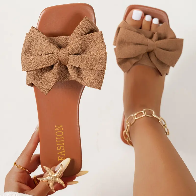 Women's Bow Design Slip-On Sandals, Fashion Anti-Slip Outdoor Beach Shoes, Comfortable Soft Rubber Sole, Summer Casual Footwear for Dating Shopping Work, Bow Decorated Sandals, Fashionable Sandals, Comfy Sandals, PU Leather Sandals, Flat Summer Sandals
