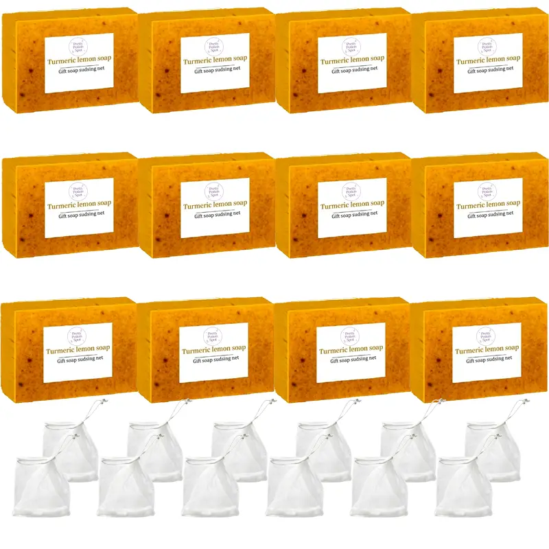 Exfoliating Soap Bars with Turmeric & Kojic Acid, 21-Pack Lemon-Scented Face & Body Wash, Shower Products for Adults with Shea Butter & Soap Savers, Cleansing Soap