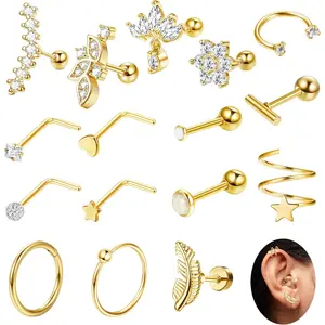 16Pcs Mixed 16G-20G Stainless Steel Cartilage Earring Set | Silver | Gold & Rose Gold Piercing Kit | Helix, Rook, Conch, Tragus & L-Shaped Nose Rings | Hypoallergenic Body Jewelry for Women
