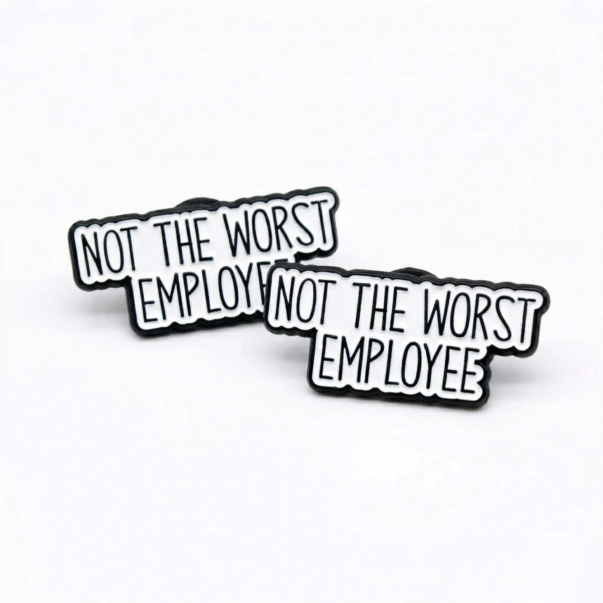 Funny "Not The Worst Employee" Enamel Lapel Brooch Pins Double Pack (4g, Lightweight), Crisp BW Enamel, Meeting-Proof Hold, Coworker Gifts for Office Humor Lanyard Badge, Enamel Lapel Pins
