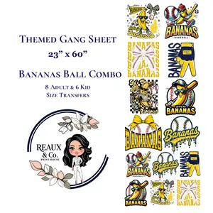Bananas Ball Adult Kid Combo Themed Gang Sheet 23x60 8 Adult Size Transfers 6 Kid Size Transfers DTF Gang Sheet Ready to Press