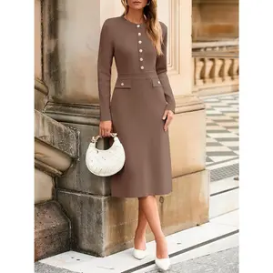 Women's Fall Long Sleeve Sweater Dress Knit Bodycon Crew Neck Button Decor. Elegant Formal Midi Dresses