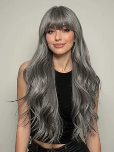 Fashionable New 24 Inch Long Wavy Dark Grey Wigs with Bangs and Light Grey Highlights, Synthetic Women's Wigs Suitable for Ordinary Work, Life, Dance Parties and All Occasions