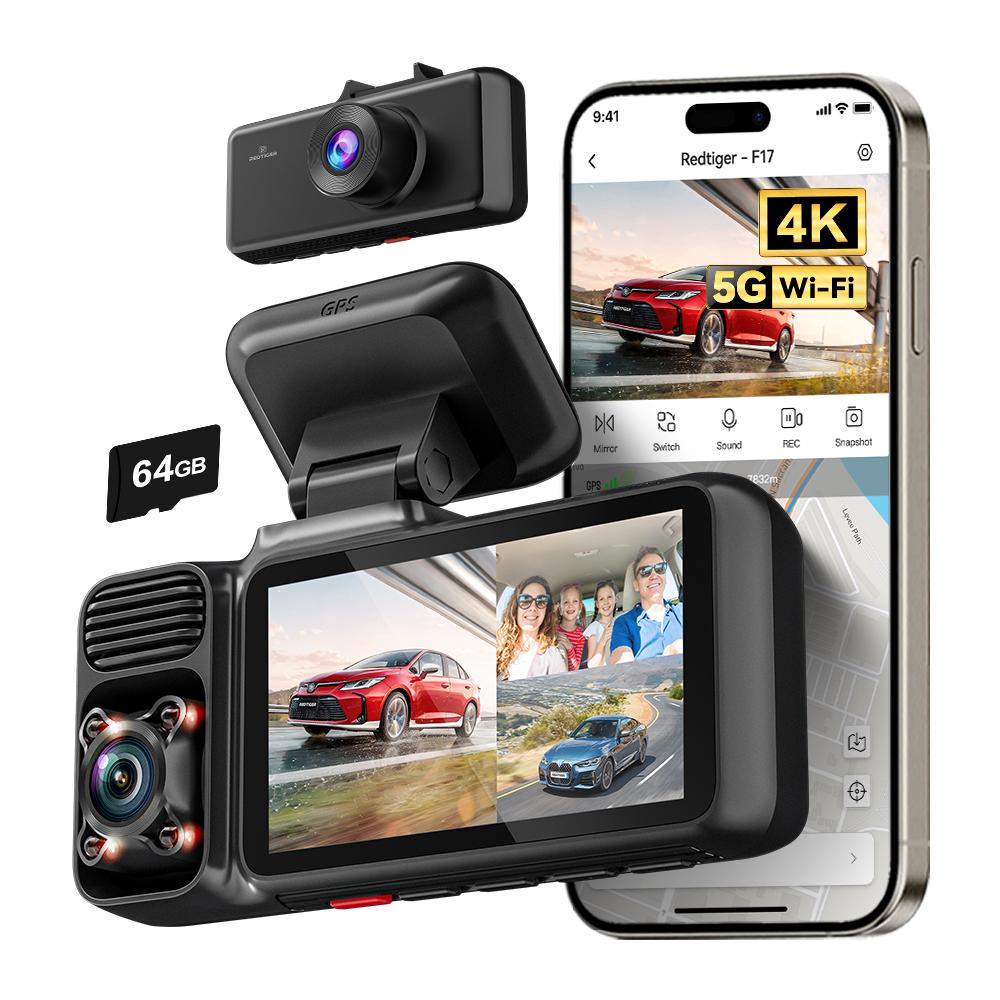 REDTIGER F17 4K 3-Channel Dash Cam with 5GHz WiFi GPS, 64GB Card, 2160P1080P1080P Cameras, IR Night Vision, Parking Mode