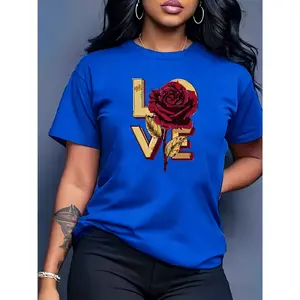 100% Cotton Women's Short Sleeve Rose Romantic Print Round Neck Machine Washable Comfortable Soft Breathable Suitable for Spring Summer Autumn Loose Casual Fashionable Commuting Daily Simple Friend Gathering Party Activity Best Friend Outfit Holiday