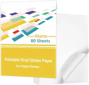 Printable Vinyl Sticker Paper for Inkjet Printer,80 Sheets Matte White  Decal Paper, 8.5x11 inches,Dries Quickly and Holds Ink Beautifully