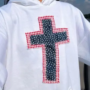 USA Cross Patchwork Hoodie- Stylish hoodie with Unique Star and Gingham Design gildan shirt Oversized Casual Sweatshirt Womenswear Tops Pullover Crewneck Baggy Long Sleeve Loose Embroidery Streetwear